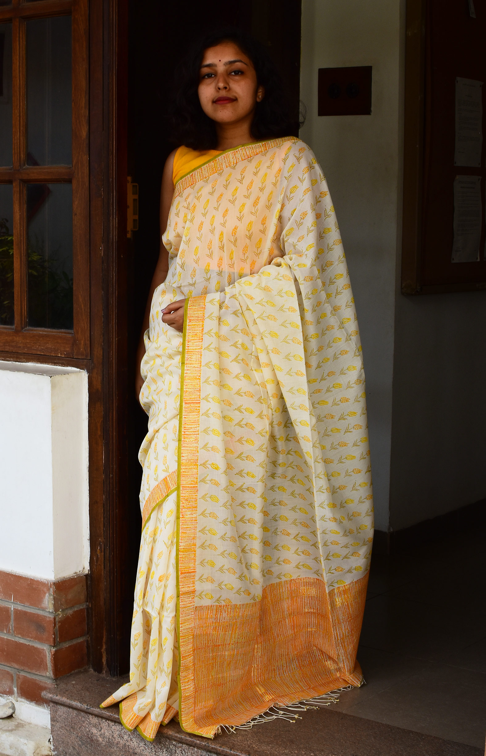 Off-White with Yellow,  Handwoven Organic Cotton, Textured Weave , Hand printed,  Hand dyed, Occasion Wear, Jari Saree